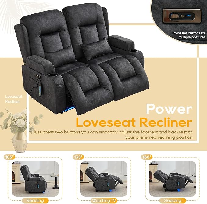 IPKIG 54" Power Loveseat Recliner Sofa, Electric Home Theater Seating with Massage Heat/4 Colors Ambient Lights/USB Port/Side Pocket/Cup Holder for Living Room, Bedroom, RV (Grey, 2 Seater)