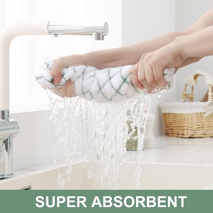 Homaxy Premium Cotton Kitchen Towels 16"x 28", Large Natural Ring Spun 390 GSM Dish Towels, Super Absorbent Terry Kitchen Hand Towels, Soft Tea Towel with Hanging Loop, Grass Green Check, 8 Pack