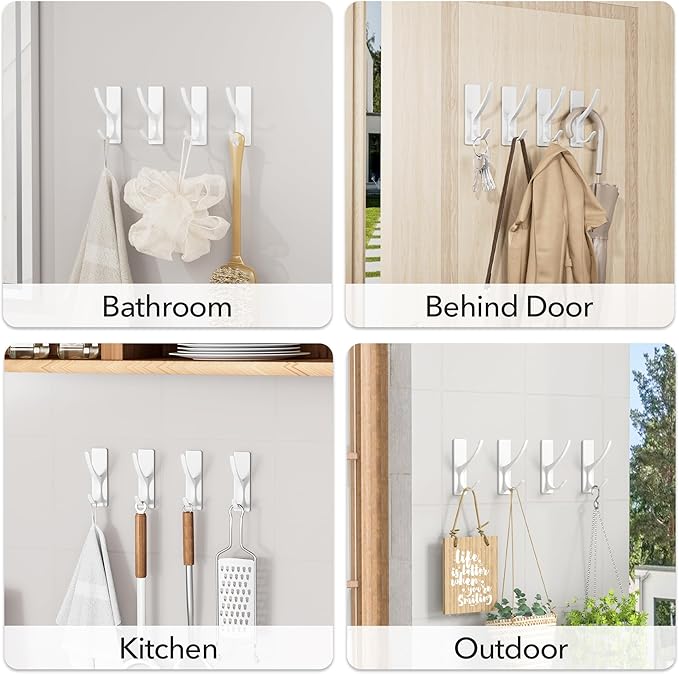 White Self Adhesive Coat Hooks for Hanging, Heavy Duty Stainless Double Wall Hook for Towel, Backpack, Hat, Sturdy Metal Hanger for Bathroom, Bedroom, Door, Wall Mounted, 4-Pack