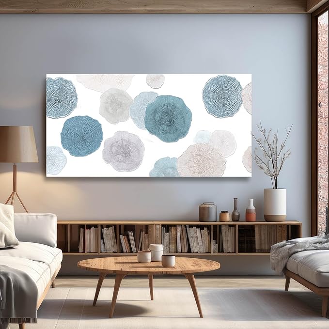 VAYIMDH Blue Wall Prints on Canvas White and Grey Abstract Wall Decor for Home Living Room Framed Poster Cozy Bedroom Painting 24"x 48" Flowers Wall Art