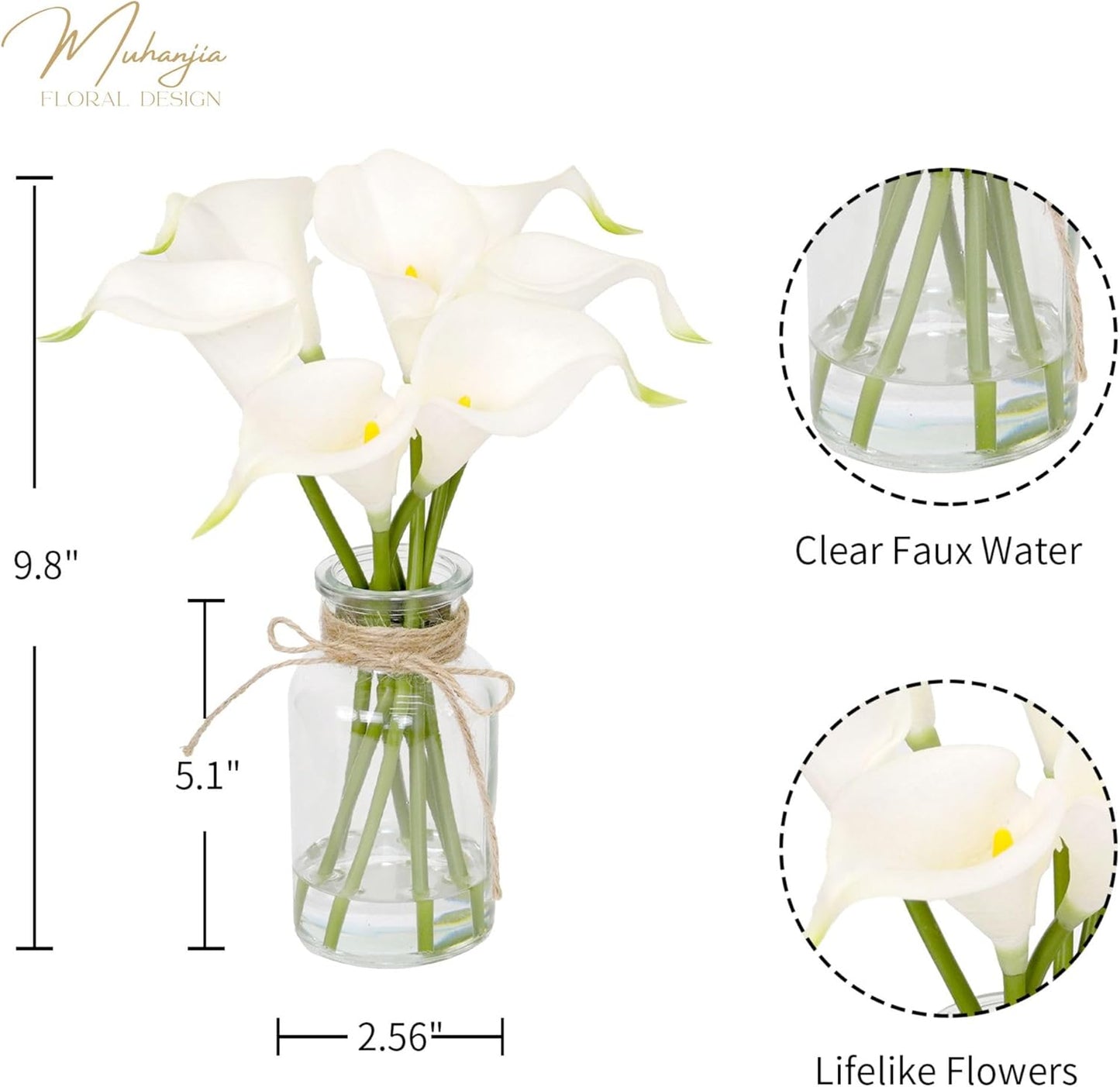 Artificial Flowers Calla Lily in Glass Vase with Faux Water,7Pcs Artificial Flower Real Touch Latex Flowers for Centerpiece Table Decorations Counter Decor(White Calla Lily)