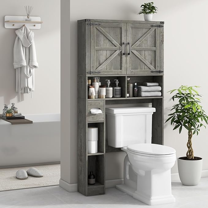 Over The Toilet Storage Cabinet, Farmhouse Storage Cabinet Over Toilet with Barn Doors & Toilet Paper Holder Stand，Home Space-Saving Toilet Rack, for Laundry, Bathroom, Restroom.Grey Oak