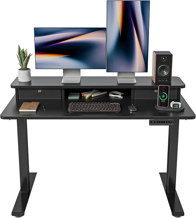 FEZIBO 40 x 24 Inch Height Adjustable Electric Standing Desk with Double Drawer, Computer Desk, Home Office Stand Up Table with 4 Height-Adjustable Feets & 2 Hooks, Black
