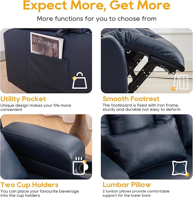 IPKIG 54" Power Loveseat Recliner Sofa, Electric Home Theater Seating with Massage Heat/4 Colors Ambient Lights/USB Port/Side Pocket/Cup Holder for Living Room, Bedroom, Home (Blue, 2 Seater)