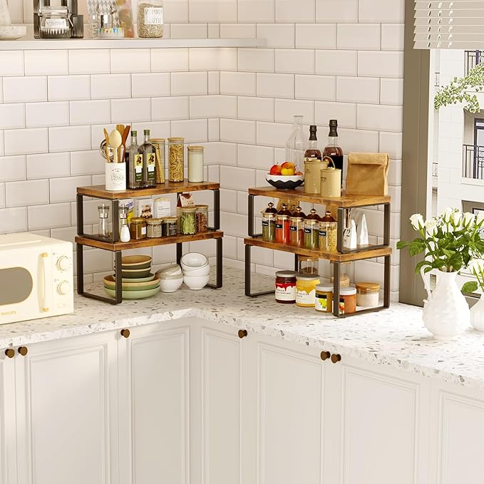 Homeiju Kitchen Cabinet Organizer 15.75'' Width,Set of 4 Cabinet Shelf Organizers,Stackable & Expandable Kitchen Countertop Organizer,Spice Rack for Pantry Countertop Cupboard Cabinet Desk Top