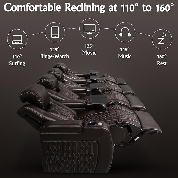 Home Theater Seating, Living Room, Heat & Massage, Powered Headrest, Powered Lumbar, Italian Leather, Powered Recline, Single Recliner (Coffee Color, Row of 4)