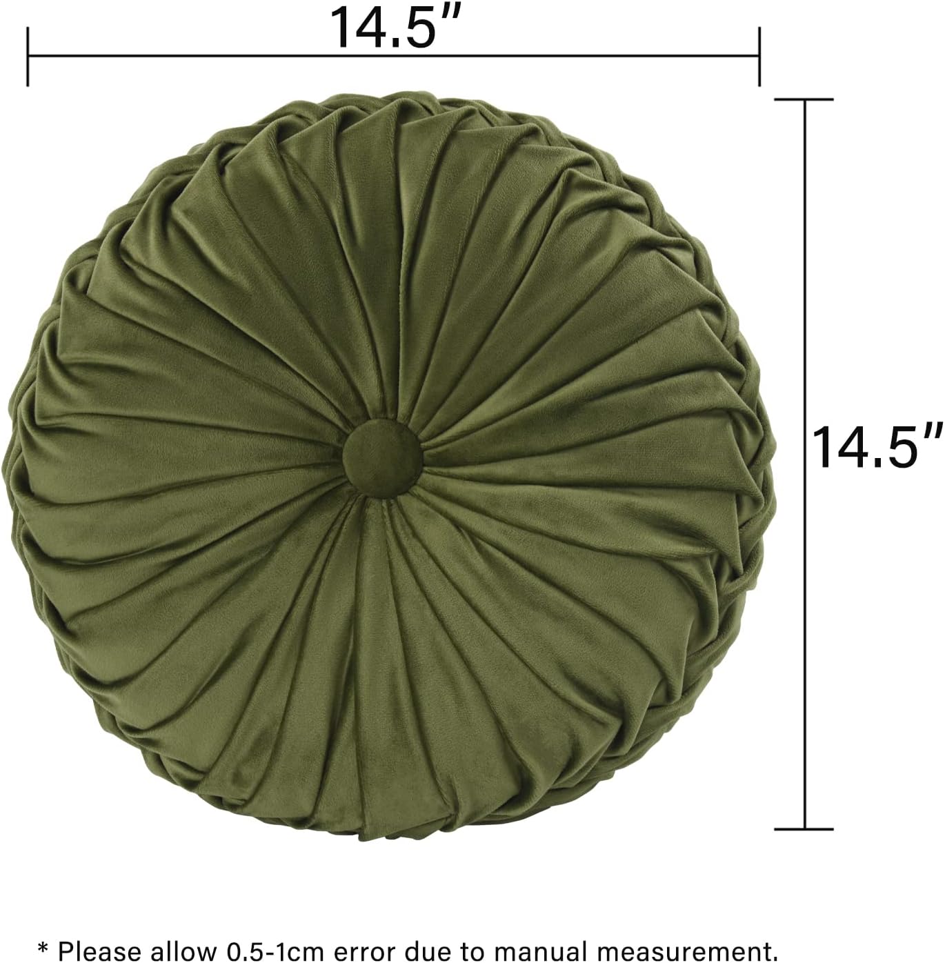 HIG Set of 2 Decorative Round Pleated Throw Pillows, Classy Accent Pumpkin Throw Pillows with Center Button, Vintage Velvet Floor Pillows for Sofa Couch Vanity Chair Bed, Olive, 14.5" Diameter(Ripple)