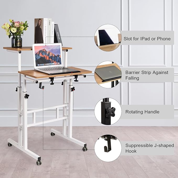 Hadulcet Mobile Standing Desk with Charging Station, Adjustable Standing Computer Desk, Standing Adjustable Laptop Cart with Wheels for Home Office Classroom Vintage Oak