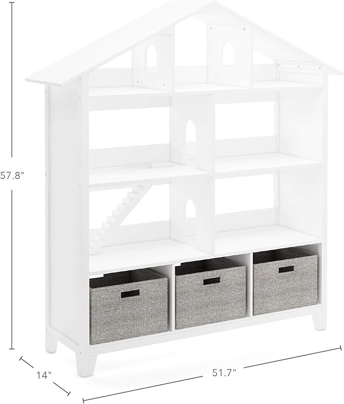 Martha Stewart Kids Deluxe Dollhouse Bookcase - Linen White Bookshelf: Wooden Book & Toy Storage Shelf Organizer | Toddler Book Organization | Kids' Tall Bookshelf for Playroom and Bedroom Storage