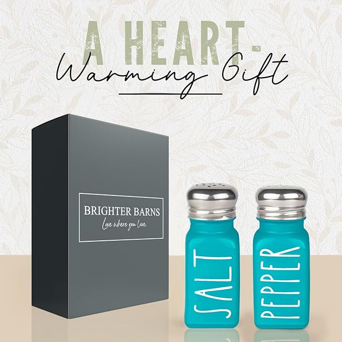 Teal Salt and Pepper Shakers Set by Brighter Barns - Turquoise Kitchen Decor & Turquoise Kitchen Accessories - Cute Modern Farmhouse Glass Shakers for Restaurants Wedding & Stainless Steel Lid (Teal)