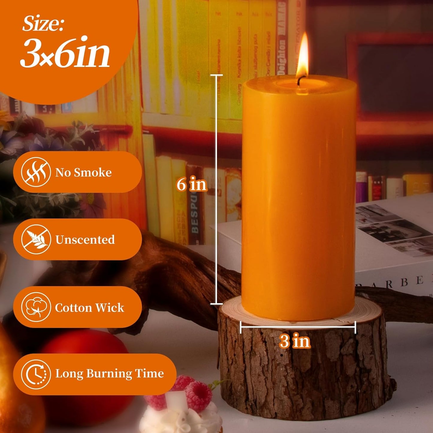 KONNI Orange Pillar Candles Set of 3, 3"x 6" Unscented Pillar Candles Bulk, 56 Hours Long Burning Candles, Smokeless&Dripless Large Round Candle for Wedding, Home Decoration, Parties, Spas, Dinner