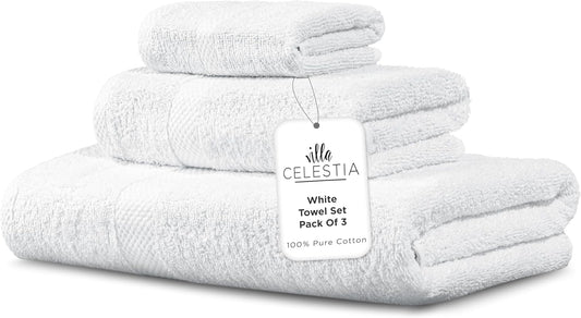 100% Combed Cotton Bathroom Towel Set of 3- 1 Bath Towel, 1 Hand Towel, 1 Wash Cloth, Sustainable, Soft, Highly Absorbent 3 Piece Cotton Bath Towel Set Ideal for Hotels, Spa, Bathroom, Dorm, White