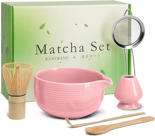 Matcha Whisk Set, Ceramic Matcha Set Includes Matcha Bowl, Matcha Whisk (Chasen) and Holder, Sifter, Bamboo Scoop & Spoon - 6 Pcs Matcha Kit for Matcha Lovers Pink
