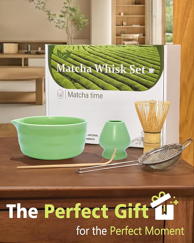 Matcha Whisk Set with Matcha Bowl, Matcha Whisk Holder Matcha Bamboo Whisk, Scoop, Sifter, Unique Gifts for Women Men Girl Friend Home Kitchen Decor（Light Green）