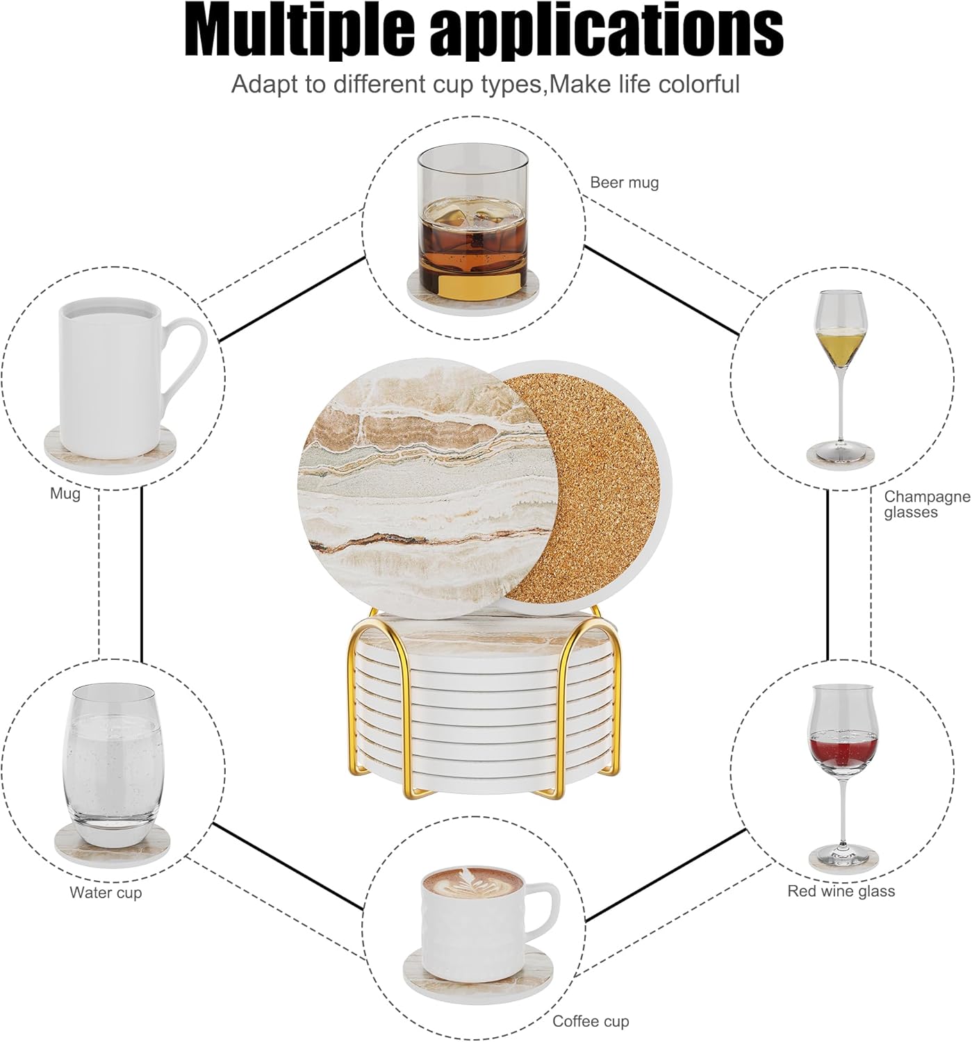 Coasters for Drinks Set of 8, Absorbent Marble with Metal Golden Holder, Ceramic Coaster Set Cup Mat for Home Decor, Bar, Kitchen, Party