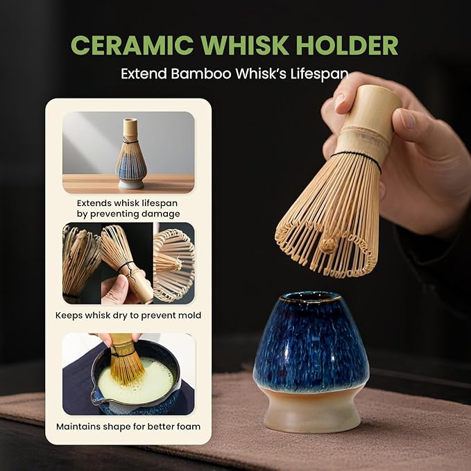 Matcha Whisk Set, Blue Matcha Set (9 Pcs) Includes Matcha Bowl, Whisk & Holder, Scoop, Sifter, Spoon, Scoop Rest, Tea Mat, Hand Book - Ideal Ceramic Matcha Kit for Matcha Lovers