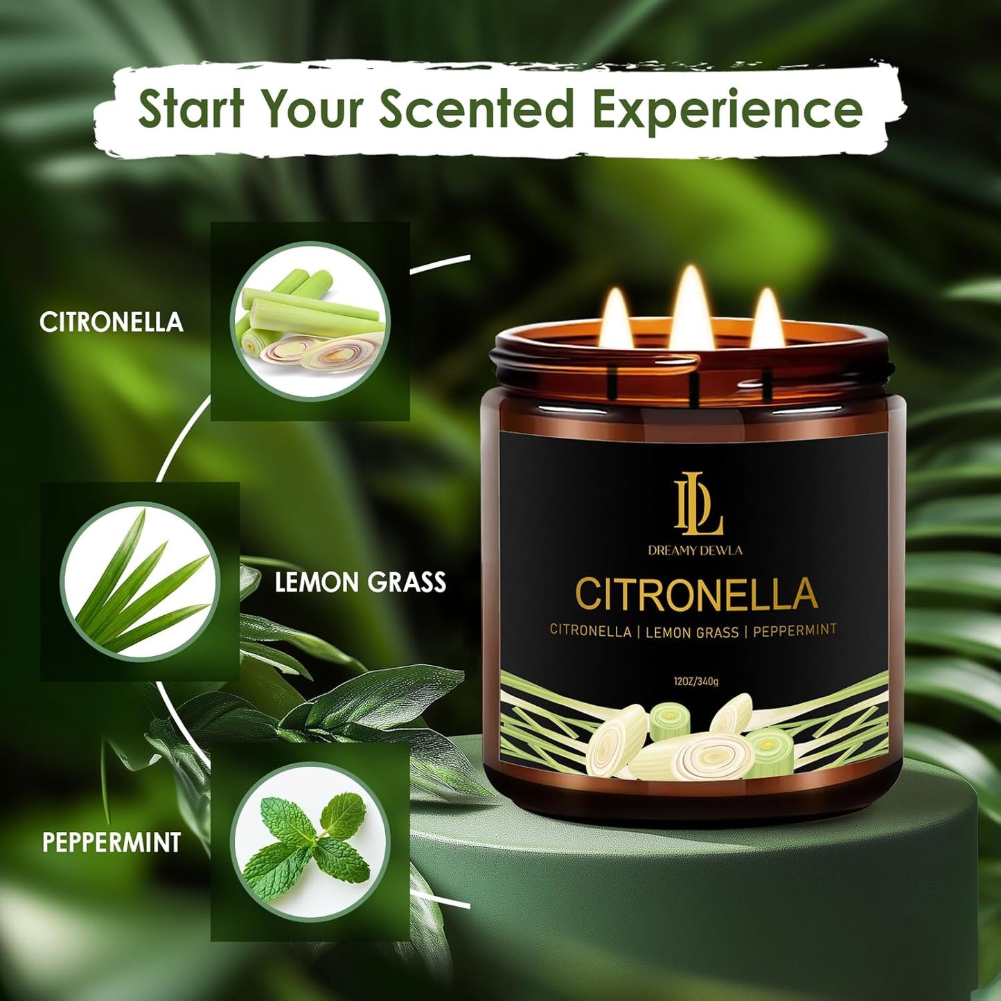 Citronella Candles Outdoor, Large 3 Wick 12oz Scented Candles up to 60 Hours Burning, Natural Citronella Soy Wax Candle for Summer Outside Camping Patio Picnic Garden