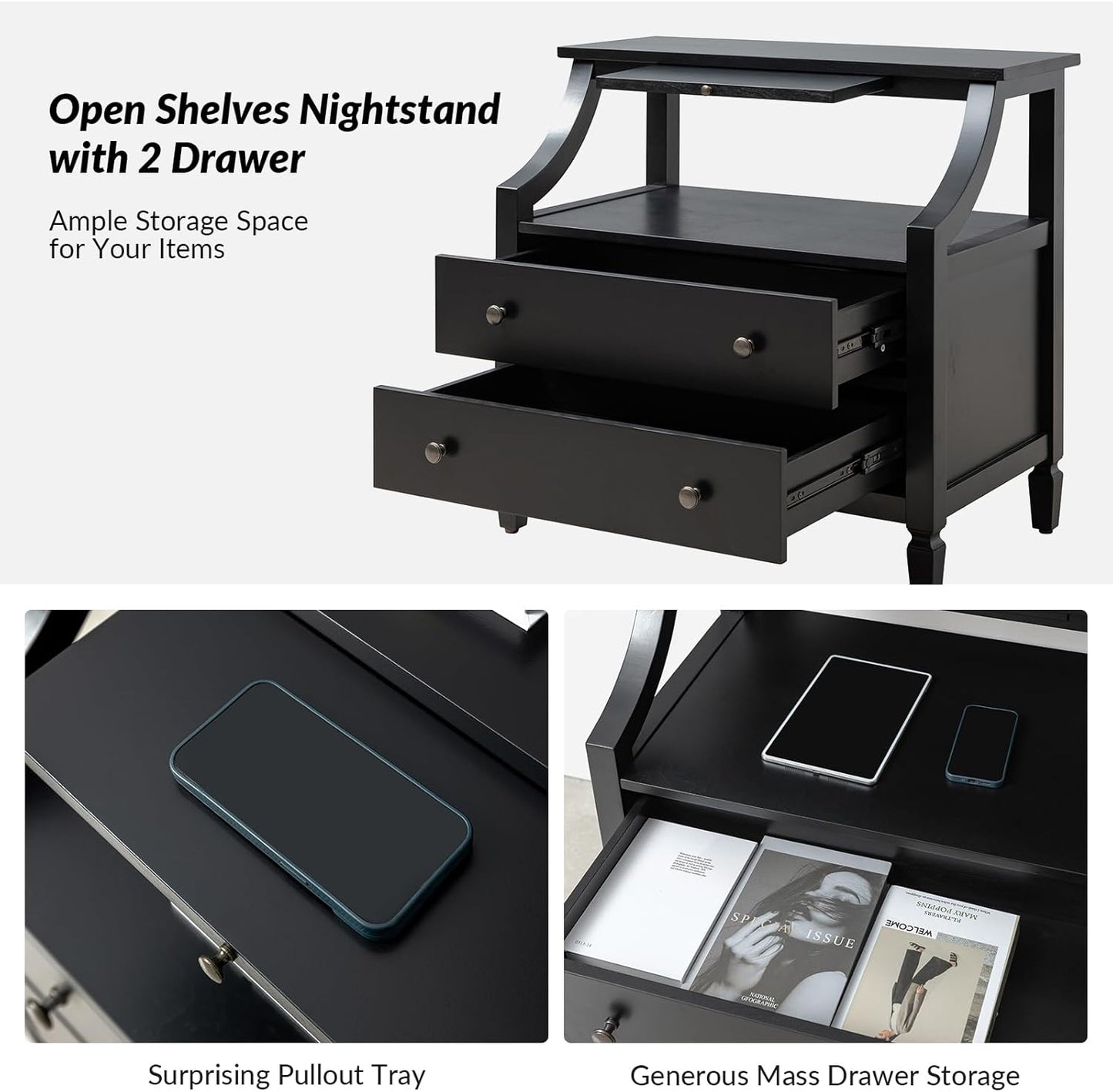 HULALA HOME Large Farmhouse Nightstand with Charging Station, Mid-Century Modern 2 Drawer Dresser, Bedside Table with Pull Out Shelf and Hidden Storage Space for Bedroom, Black