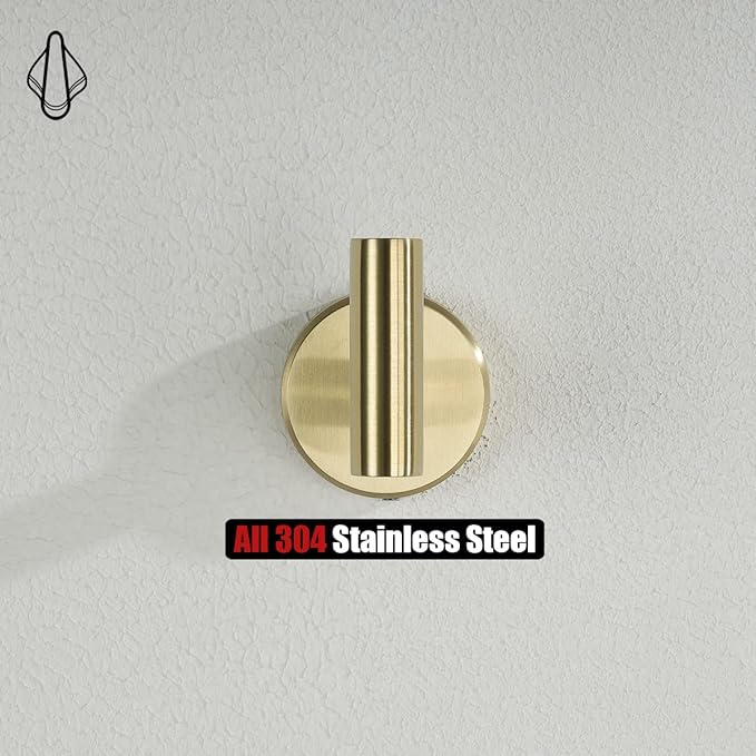 JQK Bathroom Towel Hook Brushed Gold, Brass Coat Robe Clothes Hook for Bathroom Kitchen Garage Wall Mounted (Pack of 4), SUS 304 Stainless Steel 0.8mm, TH100-BG-P4