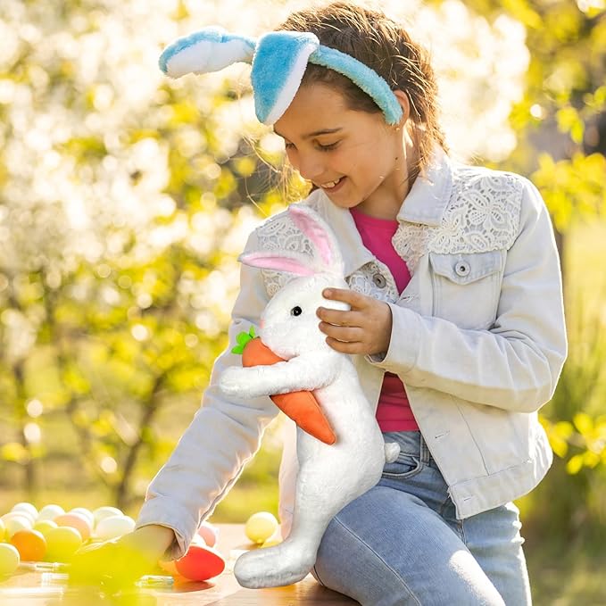 Easter Bunny Tree Topper Decorations,Spring Plush Rabbit Hugged Carrot for Tree Basket Stuffers Holiday Home Party Supplies Decor White