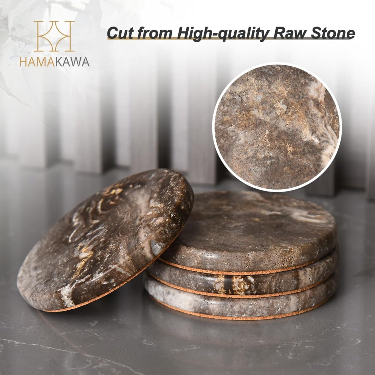 Natural Travertine Marble Coasters Set of 4, Round Gray Stone 4 Inch, Modern Drink Coasters for Home Decor, Coffee Table, Office