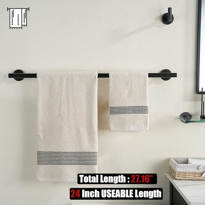 JQK Oil Rubbed Bronze Towel Bar, 27 Inch 304 Stainless Steel Thicken 0.8mm Towel Rack Bathroom, Towel Holder Wall Mount, Useable Length 24 Inch 2 Pack, TB110L24-ORB-P2