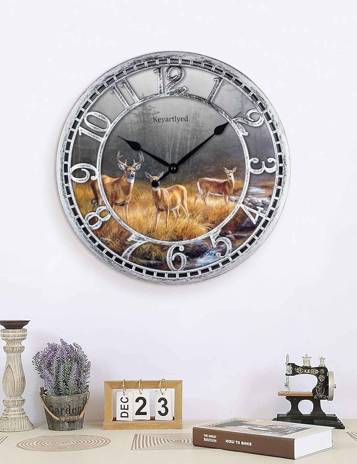 Great Looking Deer Clock Wildlife Wall Clock Silent Non Ticking Battery Operated 12 Inch Quality Plastic Round Wall Clocks for Home Kitchen Living Room Bedroom Office Decor (Antique Silver)
