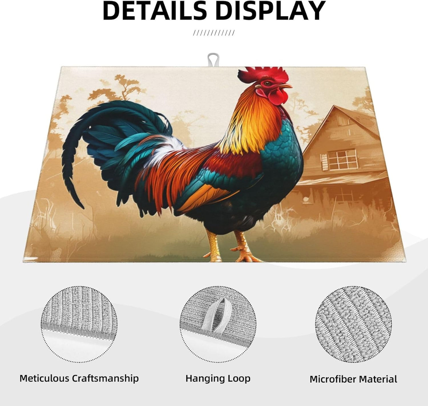 Retro Rooster Dish Drying Mat for Kitchen Counter Absorbent Microfiber Drying Mat Reusable Washable 18x24 Inch Large Dish Mats For Drying Dishes