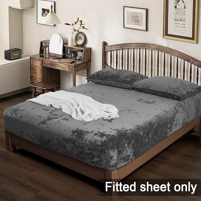 PHF Truly Velvet Fitted Sheet Only Queen Size, Luxury Super Soft Cozy Fuzzy Fleece Bottom Sheet with Deep Pocket Up to 16",Suitable for Fall Winter Spring, No Pillowcases, Charcoal/Dark Grey