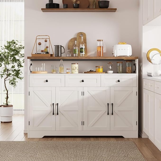 51" Farmhouse Buffet Sideboard Cabinet with Storage, White Kitchen Storage Pantry Cabinet with Drawers, Wood Cupboard Hutch, Coffee Bar Station Table for Kitchen, Living Room, Dining Room