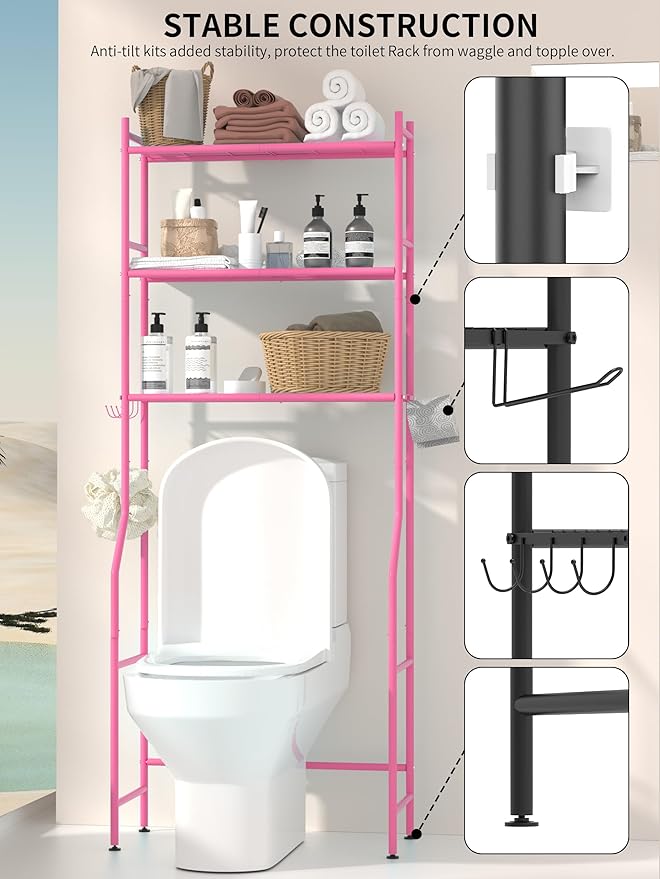 3-Tier Over The Toilet Storage, Space Saver Metal Bathroom Shelves, Freestanding Above Over Toilet Storage Shelf with 4 Hooks for Bathroom, Pink