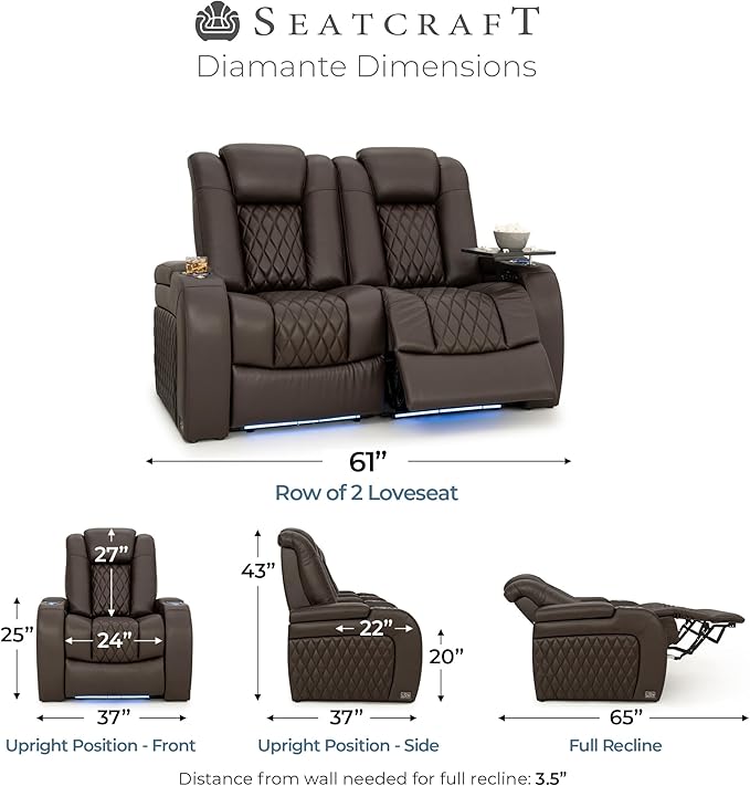 Seatcraft Diamante Zero-Gravity CoolZero Italian Leather Home Theater Seating, Power Headrest, Power Recline, Row of 2 Loveseat, Brown