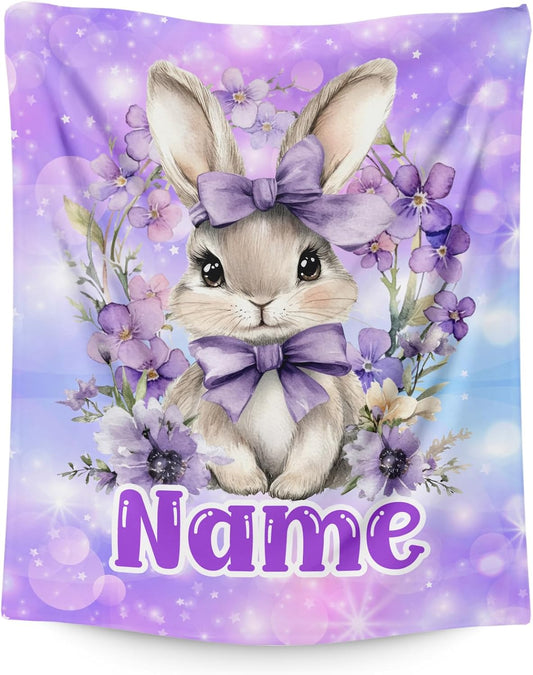 Kids Blanket for Girls Women Custom Bunny Blanket Gift for Birthday, Cozy Warm Rabbit Flannel Throw for Bed Sofa Room