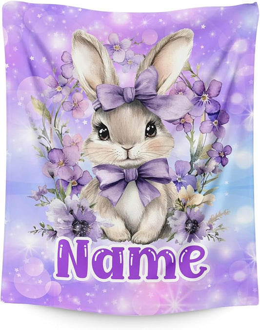 Kids Blanket for Girls Women Custom Bunny Blanket Gift for Birthday, Cozy Warm Rabbit Flannel Throw for Bed Sofa Room
