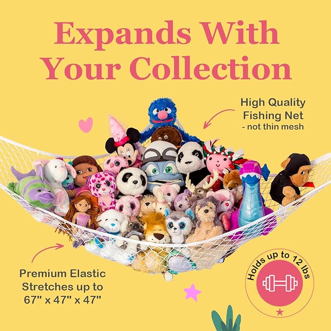 Lilly's Love Stuffed Animal Hammock | Corner Hanging Organizer, Toy Storage, Stuffed Animal Storage Net | Made from Quality Fishing Net, Holds 12lbs | 67"x47"x47" (Pastel Purple, 2 Pack)