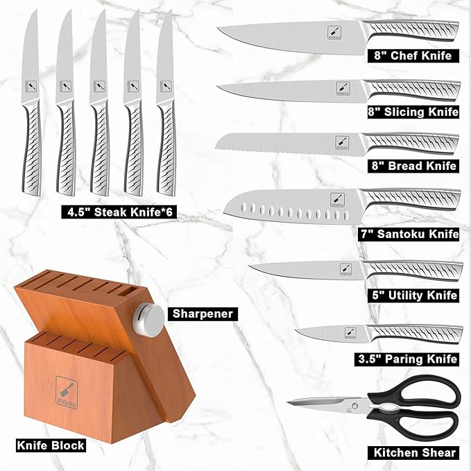 imarku Knife Set,14-Piece Knife Sets for kitchen with block,Premium One-Piece Kitchen Knife Set with Sharpener,High Carbon Stainless Steel Knives Set for Kitchen,Silver,Dishwasher Safe