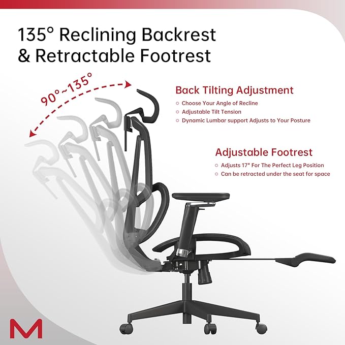 Ergonomic Office Chair, Home Office Desk Chair with Footrest,Mesh Office Chairs with Armrest,Ergonomic Chair with Big Lumbar Support