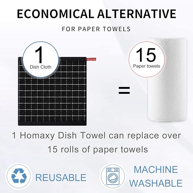 Homaxy 100% Cotton Terry Kitchen Dish Cloths, Ultra Soft and Absorbent Dish Towels for Kitchen, Suitable for Drying and Washing Dishes, 12 Pack, 12 x 12 Inches, Black