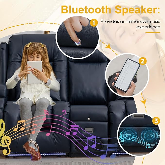 IPKIG 67" Power Reclining Loveseat Sofa, Electric Home Theater Seating with Console/4 Colors Ambient Lighting/Bluetooth Speakers/USB Ports/Built-in Outlets (Blue, Loveseat Recliner)