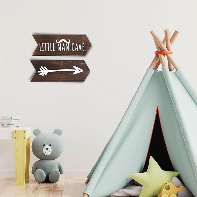 Little Man Cave Sign For Boys - 2 Pcs 14" x 5" Baby Boy Nursery Wall Decor Art for Playroom, Rustic Wooden Arrow Sign For Nursery, Cabin Room Wall Decor, Easter Gifts for Kids, Brown