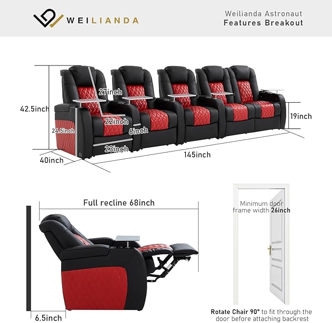 Home Theater Seating, Top Grain Leather Movie Seats Recliner Chair, Zero Gravity Reclining Gaming Sofa with Power Headrest 7 Colors Ambient Lighting 5 Seats Loveseat Right Black Dark Red