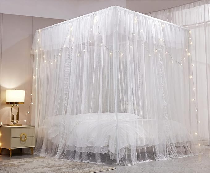 VETHIN 4 Corners Post Ruffle Princess Bed Canopy Curtain-Double Layer Cozy Drape Netting 4 Opening Mosquito Net for Girls Adults Bedroom Decoration (White/White, 47" W*78" L*82" H/Twin)