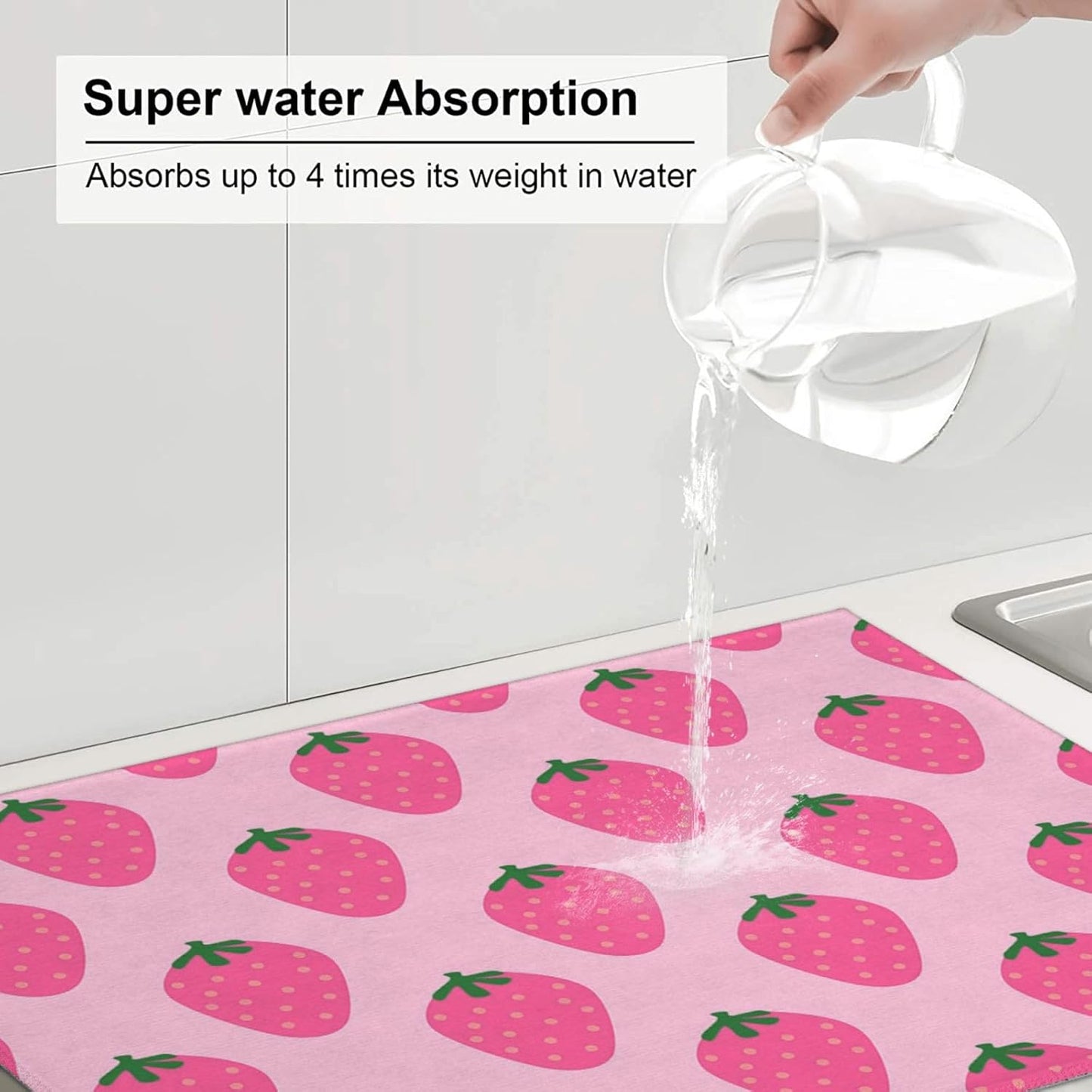 Absorbent Dish Drying Mat For Kitchen Counter, Strawberry Pink Fruit Microfiber Dish Drying Pad, Kitchen Gadgets For Easy Clean Multi-Use