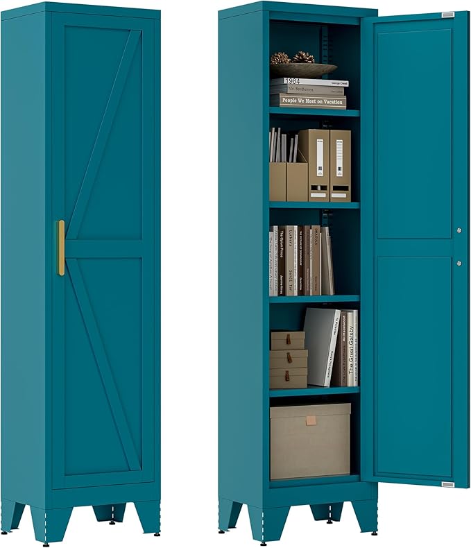 67''Farmhouse Metal Storage Cabinet with Barn Doors,Steel File Cabinet for Home Office,Kitchen Pantry 4 Adjustable Shelves,Freestanding Cupboard for Kitchen,HomeOffice (Peacock Blue)
