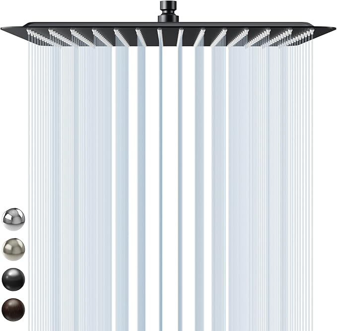 SR SUN RISE Luxury 16 Inch Extra Large Square Stainless Steel Shower Head High Pressure Rainfall Showerhead Ultra Thin Water Saving Matte Black 2.5 Gpm