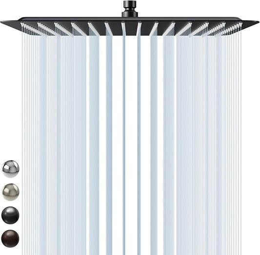 SR SUN RISE Luxury 16 Inch Extra Large Square Stainless Steel Shower Head High Pressure Rainfall Showerhead Ultra Thin Water Saving Matte Black 2.5 Gpm