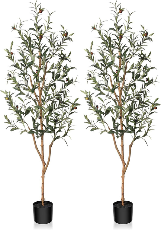 Kazeila Artificial Olive Tree 5FT Tall Faux Silk Plant for Home Office Decor Indoor Fake Potted Tree with Wood Branches and Fruits, 2 Pack