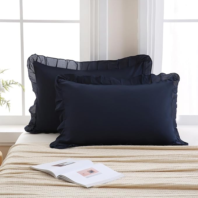 Merryword Navy Pillow Shams Navy Blue Ruffle Standard Pillowcases Cute Pillow Cover Set of 2 Shabby Chic Soft Microfiber Pillowcases 2 Pack