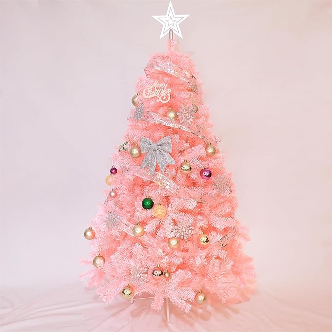 5ft Pink Artificial Christmas Tree, Arbol de Navidad with 600 Branch Tips, Fake Christmas Tree, Premium Spruce Xmas Tree with Fold-Able Metal Base Stand