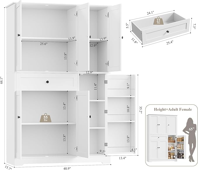 HOSTACK 68" Tall Kitchen Pantry Storage Cabinet, Modern Kitchen Hutch Cabinet with Doors and Shelves, Freestanding Food Pantry with Large Storage Drawer for Dining Room, Living Room, White